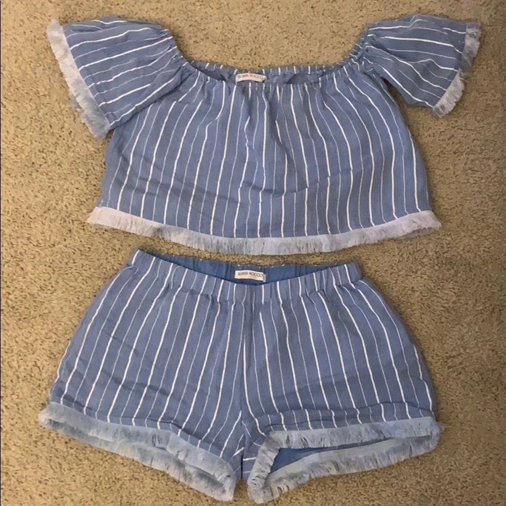 Stripped blue short top set